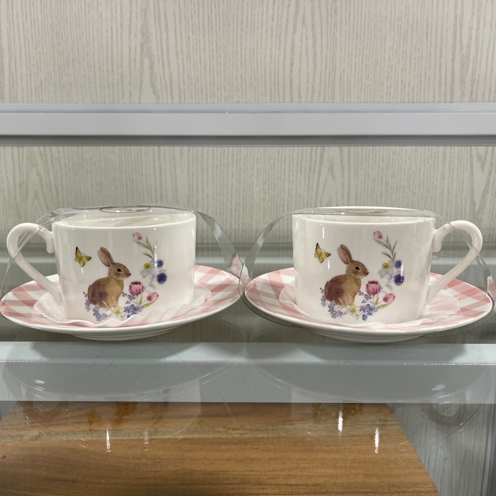 Gracie Teaware Easter Bunny Pink Gingham Porcelain Tea & Saucer Set of 2 NWT